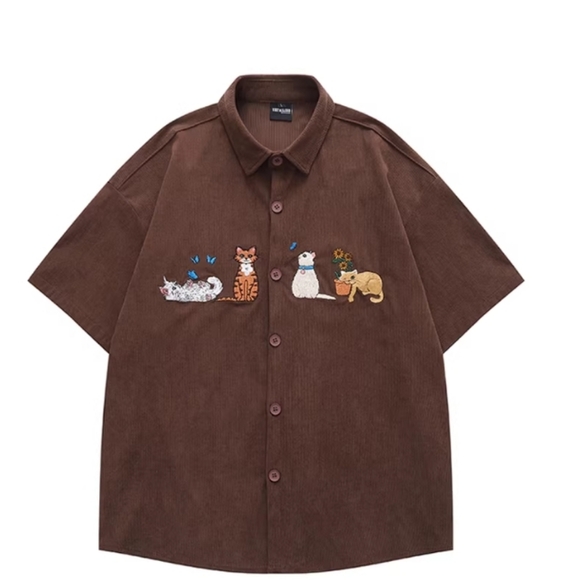 None Tops - Brown Corduroy Cat Butterfly Embroidery Shirt